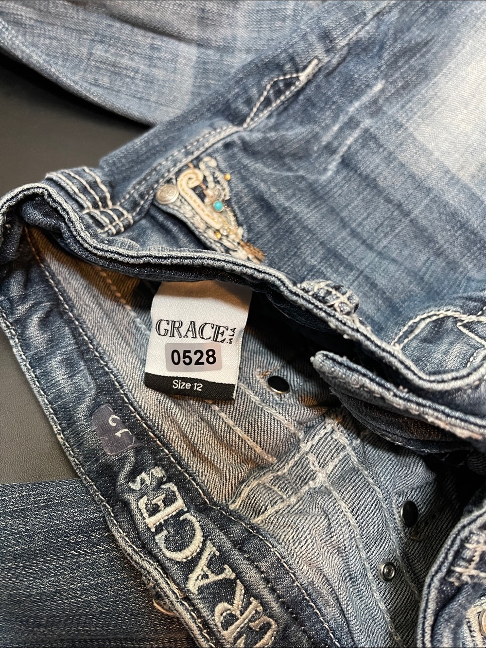 Grace in LA Blue Embroidered Flare Jeans with Rhinestone Cross Pockets - Picture 10 of 10